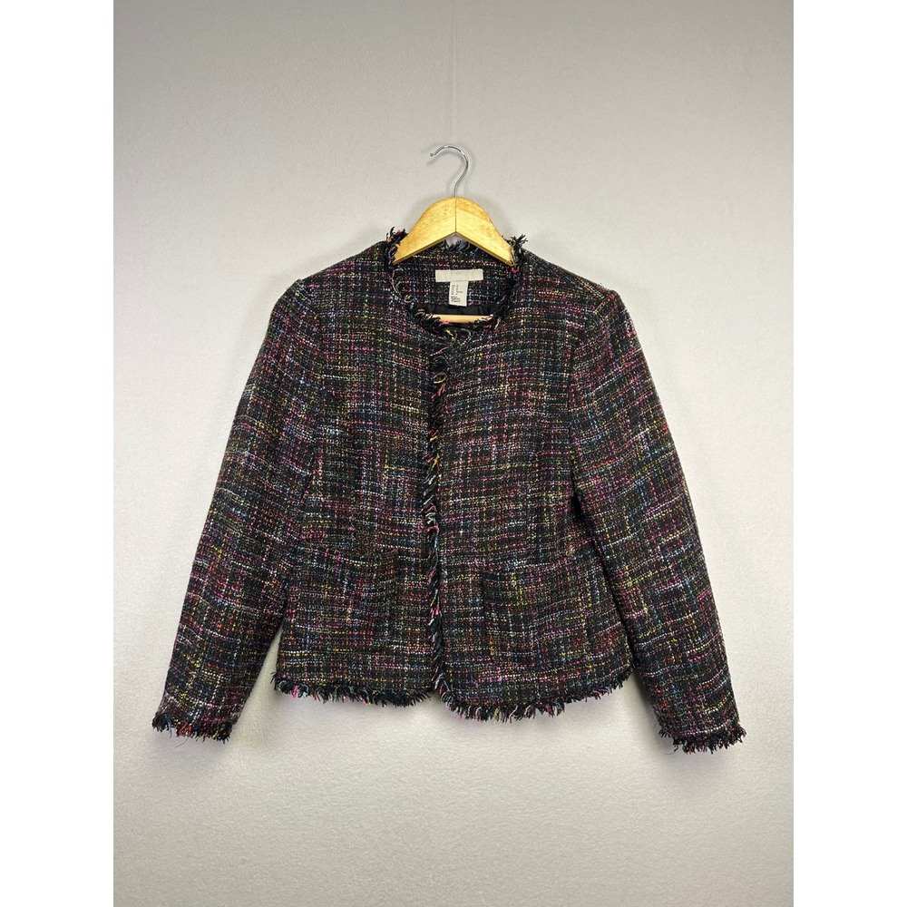 H&M Tweed Fringe Collarless Jacket Blazer Multi Color Women's Size 12